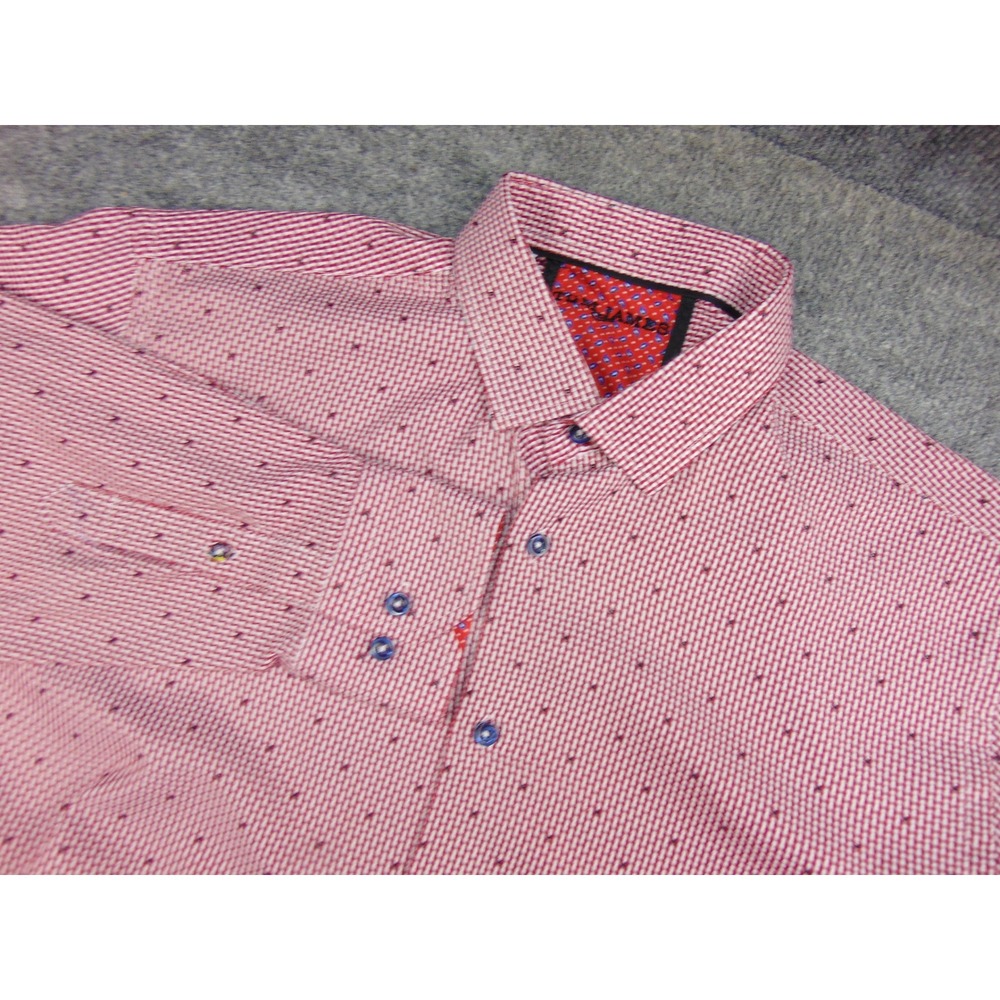 Tom James Button Up Shirt Mens‎ Large Red Gingham Polka Dot Business Office